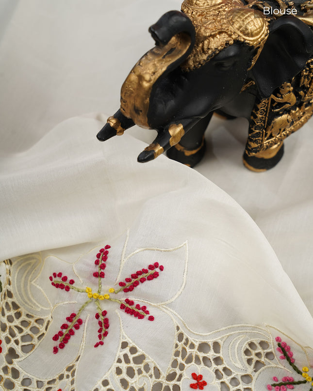 Dupion Saree with Thread  Work and Scallop Border-Off White