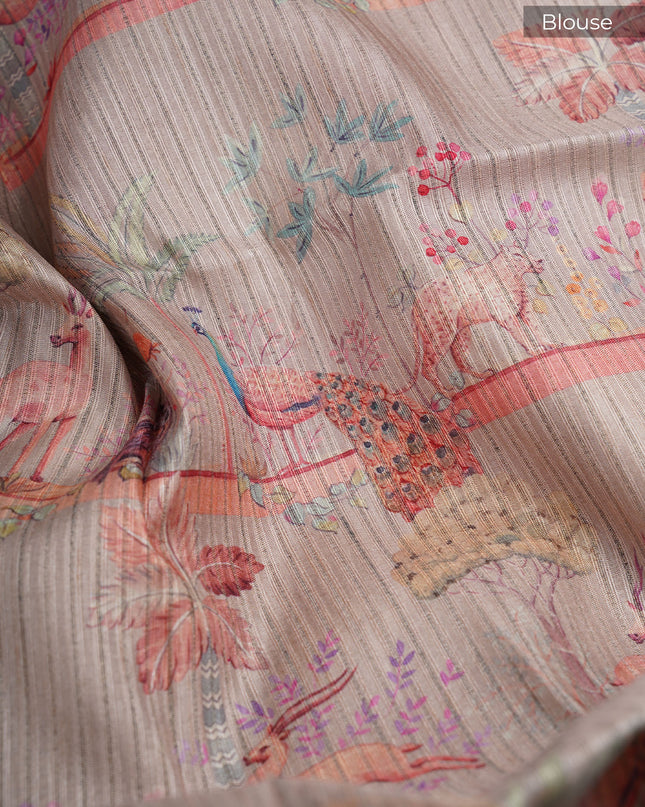 Tusser Silk With Digital Print Thread Border - Red