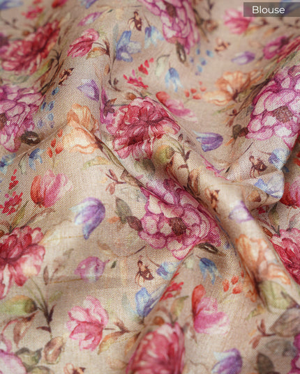 Tusser Silk Saree with Floral Print and Subtle Vertical Stripes and Small Delicate Motifs- Maroon