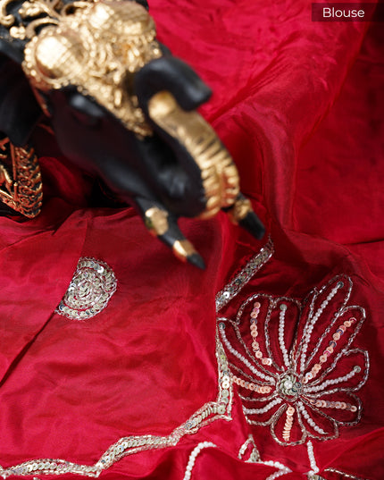 Italian Crape Saree with Floral Print and Kardhana  Pearl Work With Scallop Border- Peach