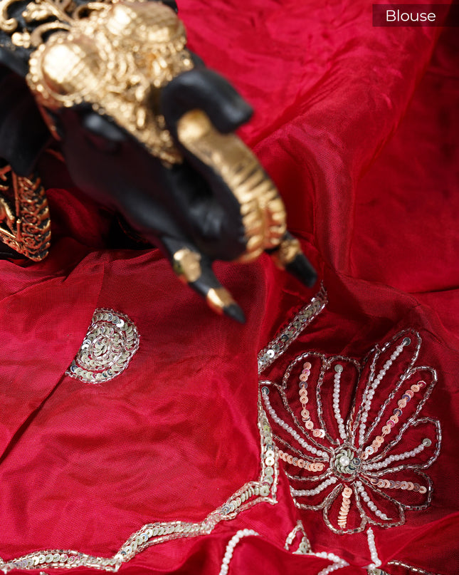 Italian Crape Saree with Floral Print and Kardhana  Pearl Work With Scallop Border- Peach