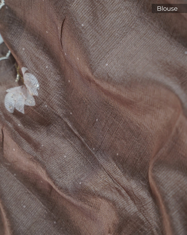 Tissue Lenin Floral Digital Print with Scallop Border Kardhana and Pearl Work- Brown