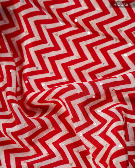 Crepe Saree With Floral Print Scallop Border Kardana Zardosi Sequence Work - Red