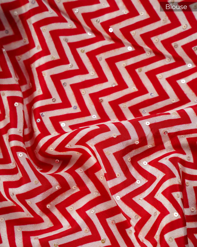 Crepe Saree With Floral Print Scallop Border Kardana Zardosi Sequence Work - Red