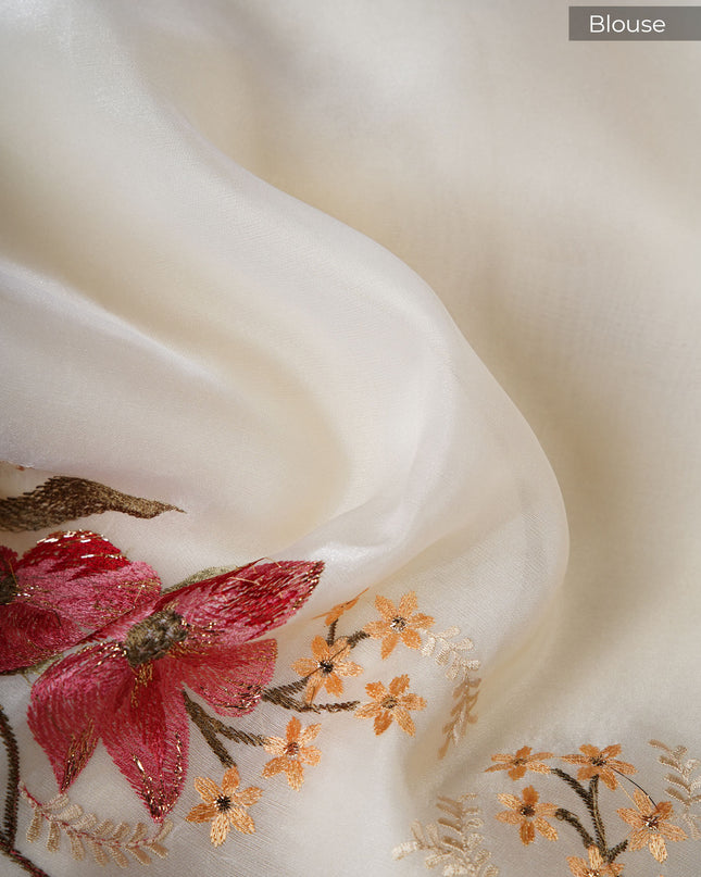 Soft organza saree with thread work butties and lace border - Off White