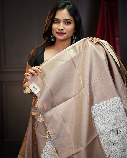 Tusser Silk Saree with Madhubani Print with gold Zari Border- Beige