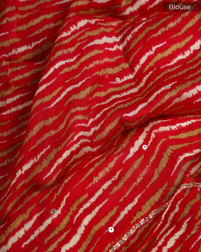 Binny Crepe Saree  Floral Print Scallop Border Kardhana Sequence Work - Red