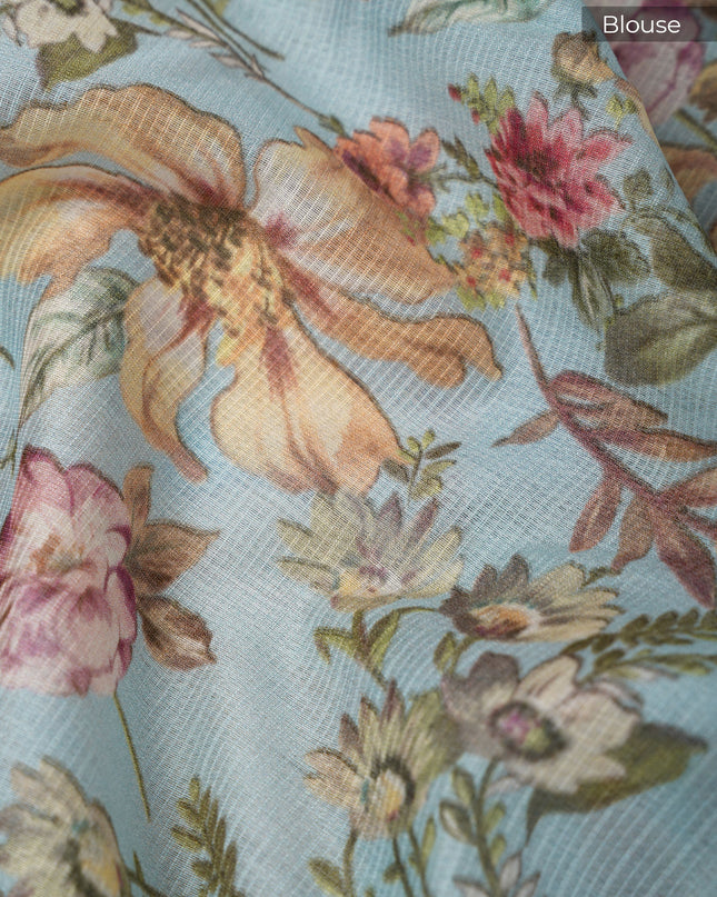 Kota cotton Saree with Floral Print - Sky Blue