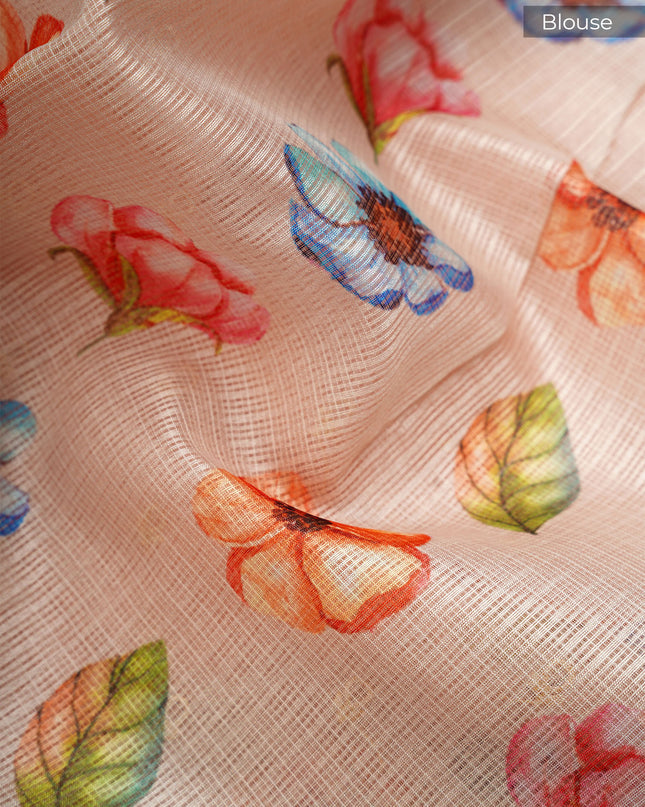 Kota Silk Saree with Thread Work Butties and Floral Border- Peach