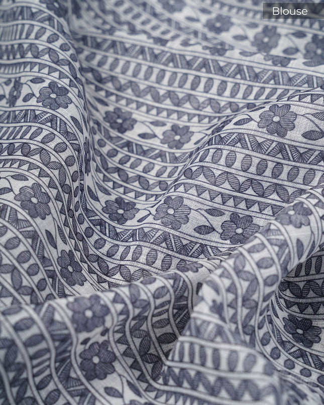 Lenin Silk Saree with Madhubhani Print with Contrast Border- Grey