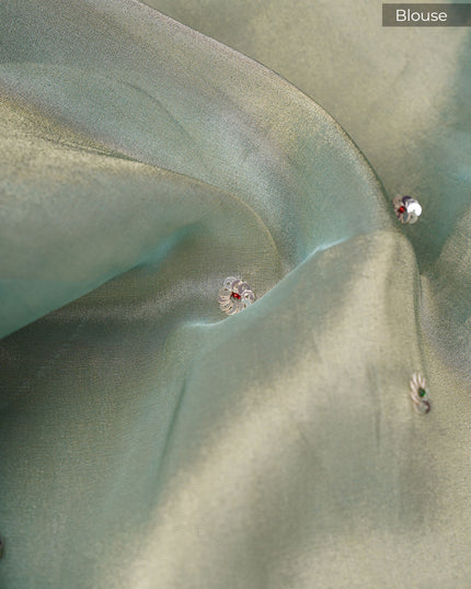 Soft Tissue Organza Saree with Sequence Butties and Scallop Border Zardoji Work- Sea Green