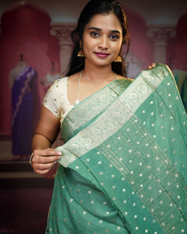 Korean Crepe Saree With Golden Buttis & Border - Green