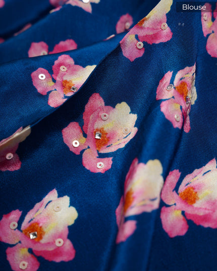 Crepe Saree With Floral Print Scallop Border Kardana Sequence Work - P Blue