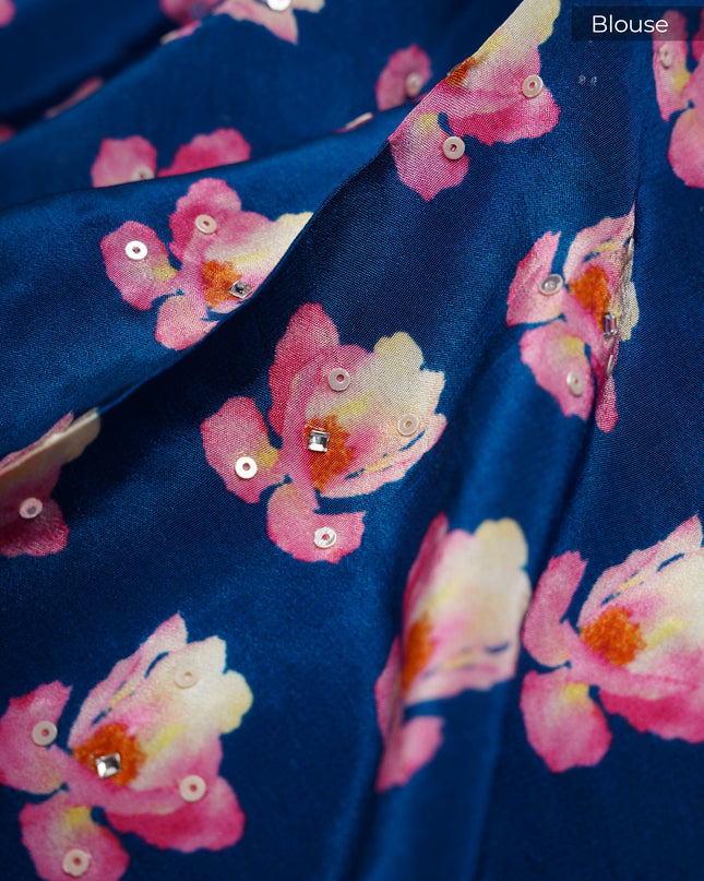 Crepe Saree With Floral Print Scallop Border Kardana Sequence Work - P Blue