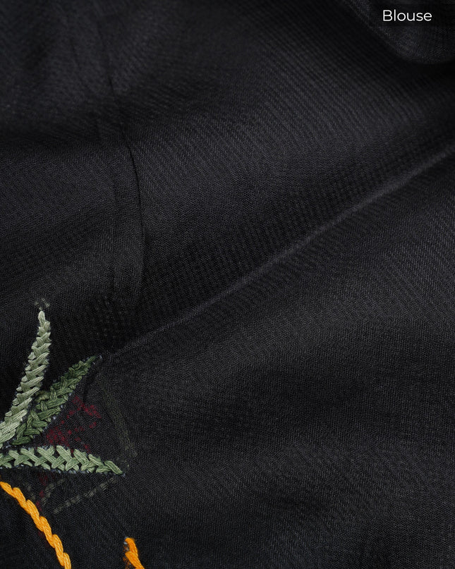 Kota Silk saree with kantha work zari border - Black