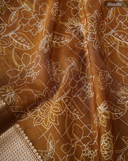 muslin silk saree with Kalamkari print and golden zari border - Caramel Brown
