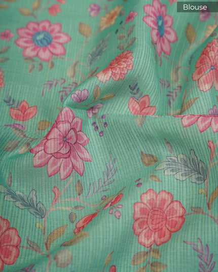 Kota Silk Saree with Mirror Work Applique and Silver Border- Cream Sage Green