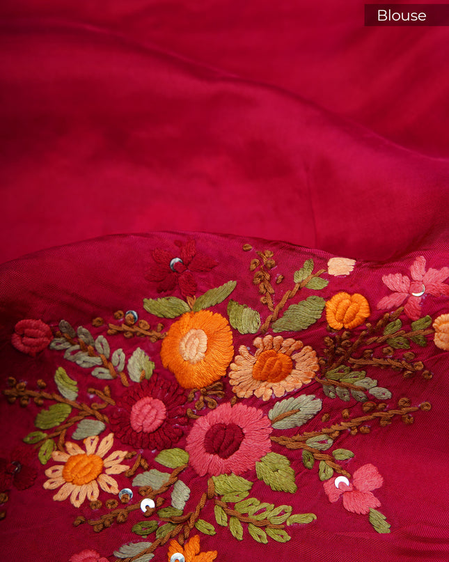 Chinnon Crape Saree French Knot Work Design and Golden Zari Gap Border - Pink