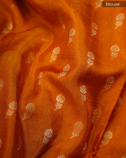 Green silk saree with all over golden zari  check weaving and contrast elephant border-Violet