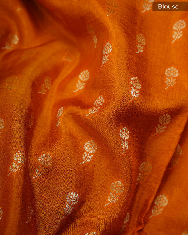Green silk saree with all over golden zari  check weaving and contrast elephant border-Violet