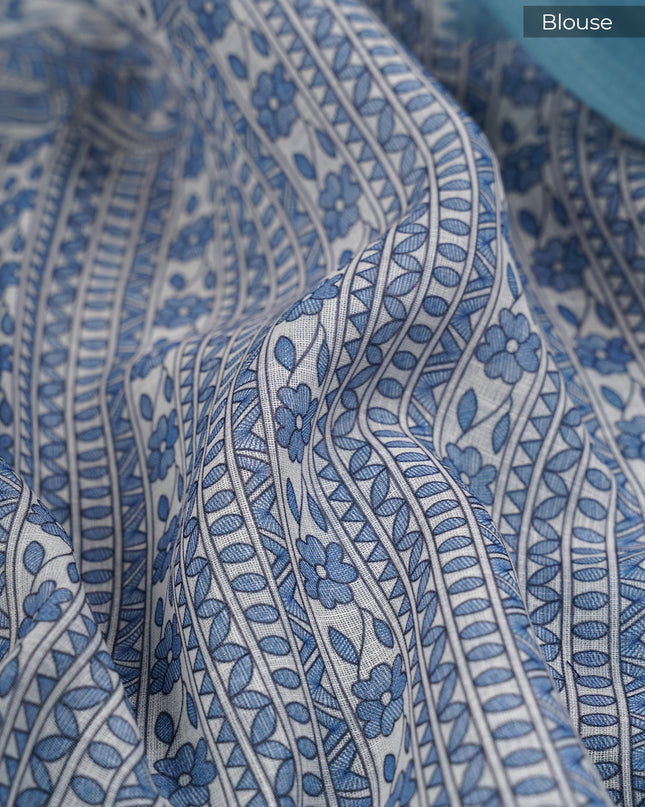 Lenin Silk Saree with Madhubani Print with Contrast Border- Blue
