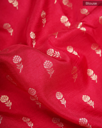 Green silk saree with all over golden zari  check weaving and contrast elephant border - Orange