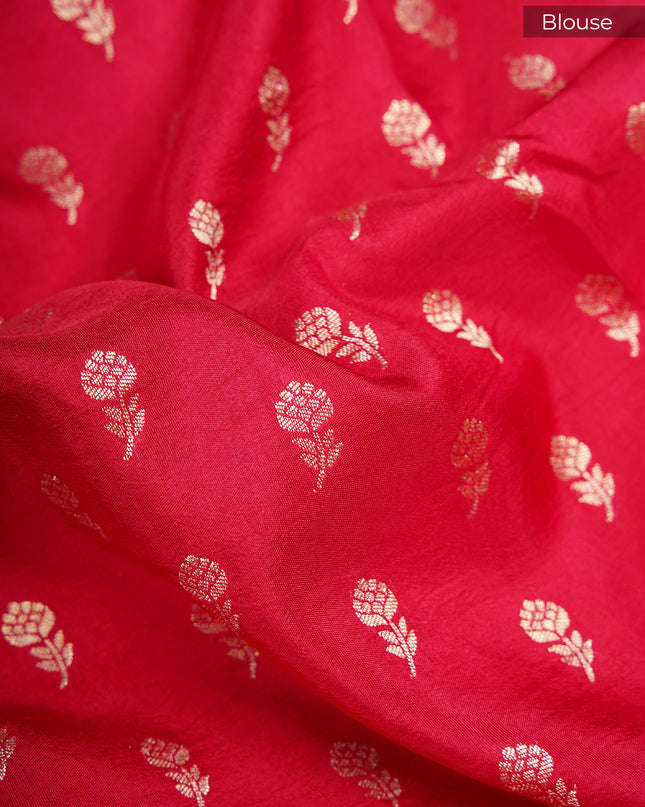 Green silk saree with all over golden zari  check weaving and contrast elephant border - Orange