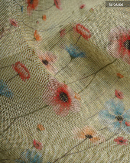 Linen Tissue Saree With Floral Print & Knot Work - Pista Green