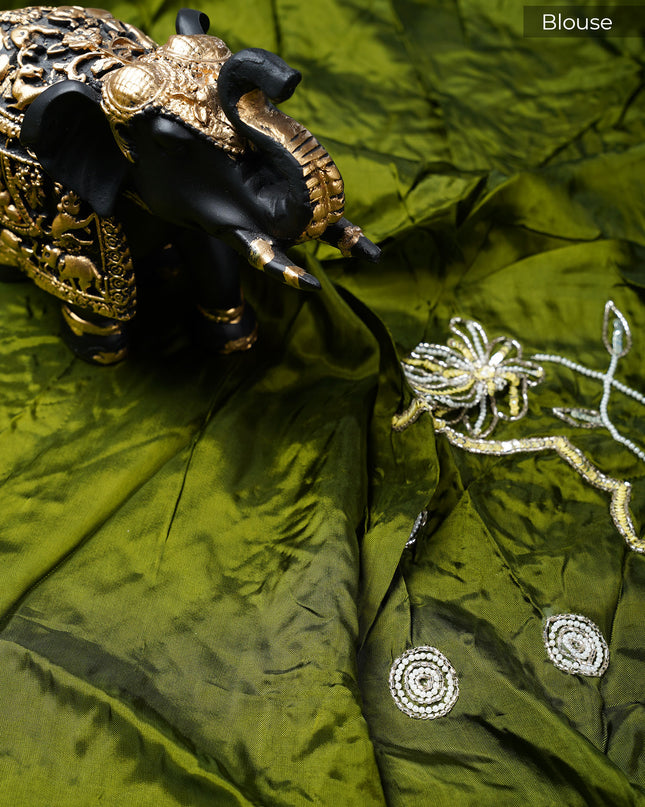 Italian Crape Saree with Floral Print and Kardhana Pearl Work with Scallop Border- Light Yellow