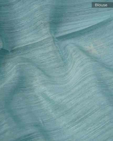 Jute Linen Sree With Thread Embroidery Butties And Satin Border - Mint Blue