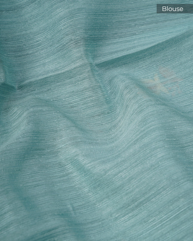 Jute Linen Sree With Thread Embroidery Butties And Satin Border - Mint Blue