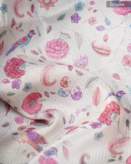 Tusser Silk Saree Floral Print with Contrast Border- Beige and Black