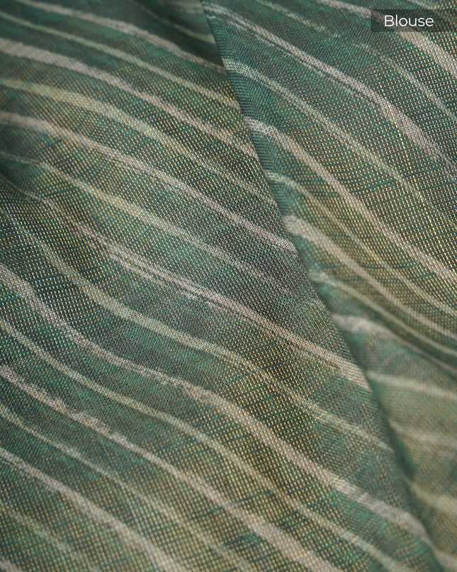 Tissue Linen Saree With Floral Print & Knot Work - Beige & Green