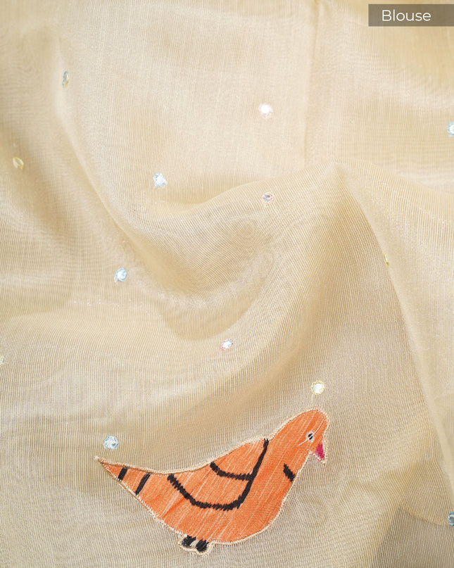 Tissue linen saree with applique work butties and scallop border - Beige
