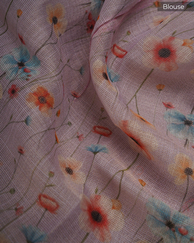 Linen Tissue Saree With Floral Print & Knot Work - Light Pink