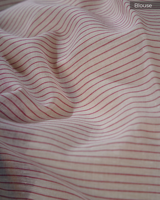 Mul cotton saree with stripes and contrast border - Off White