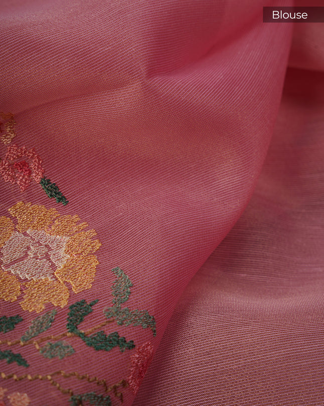 Tissue Linen Saree With Thread Embroidery with Lace Border - Light Pink