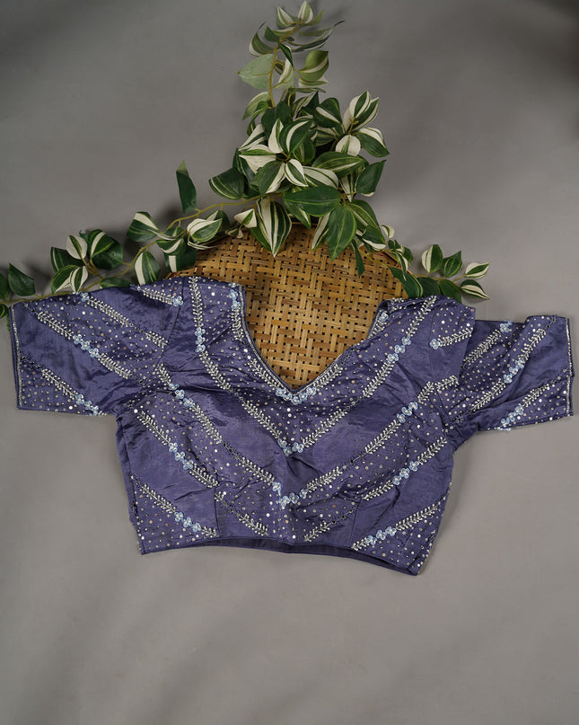 Georgette Saree With Scallop Border With Kardana & Pearl Work - Blue