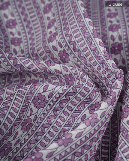 Lenin Silk with Madhubani Print with Contrast Border- Lavender