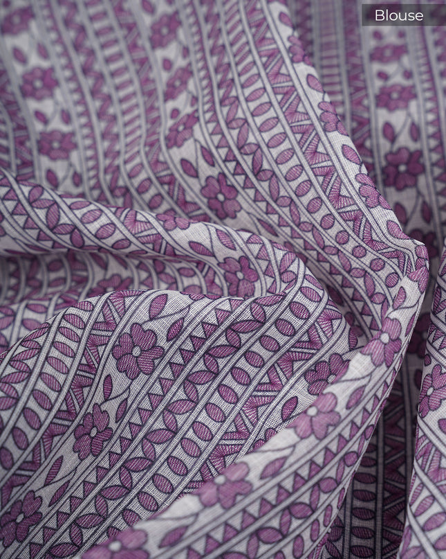 Lenin Silk with Madhubani Print with Contrast Border- Lavender
