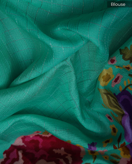 Dola silk sarees with checks and floral print border - Bottle Green
