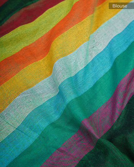 mulcotton saree with multicolored check pattern - Bottle Green
