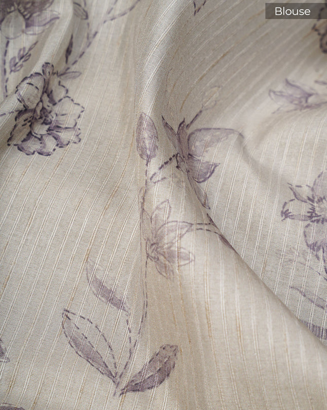 Tusser Silk Saree With Floral Print Border - Beige