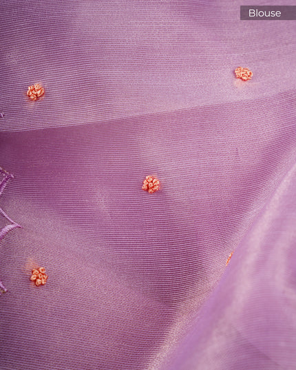 Tissue Linen Saree With Thread Knot Work Butties With Scallop Border - Lavender
