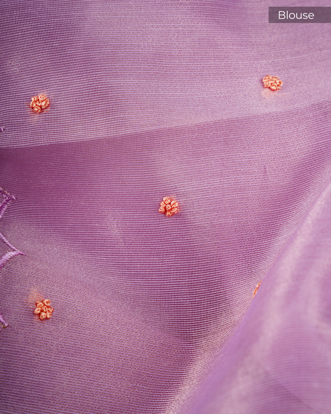 Tissue Linen Saree With Thread Knot Work Butties With Scallop Border - Lavender