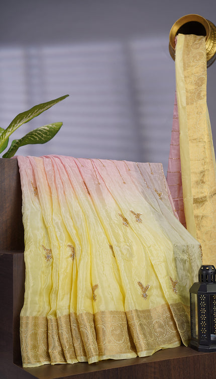 Russian Crepe with Kardhana Sequence Butties and Banaras Border Yellow