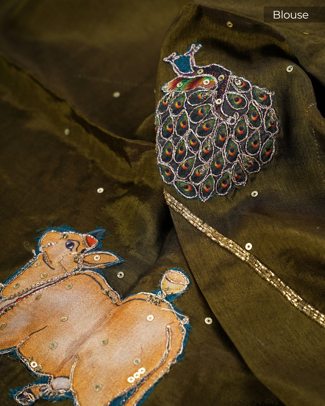 Banaras Silk With Applique And Scallop Border With Kardana Work -  Beige