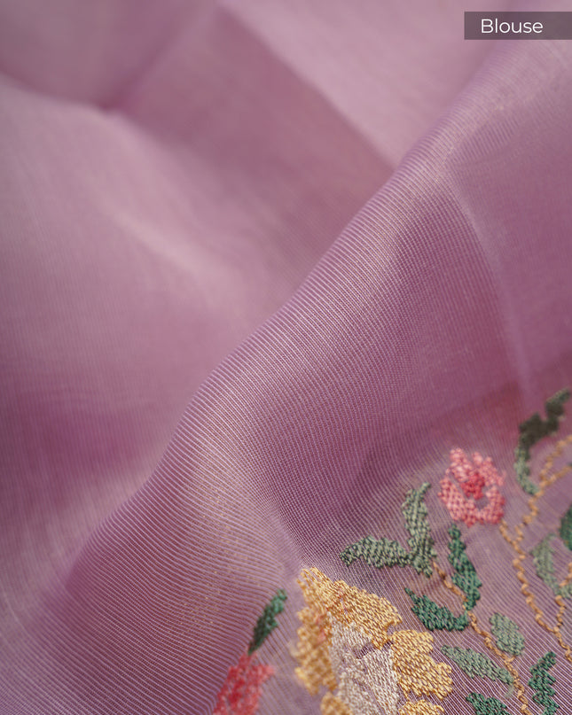 Tissue Linen Saree With Thread Embroidery with Lace Border - Lavender
