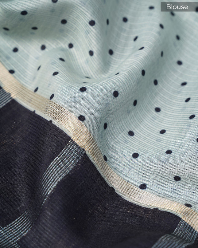 Kota Silk Saree with Floral Print and Contrast Border- Black and Green