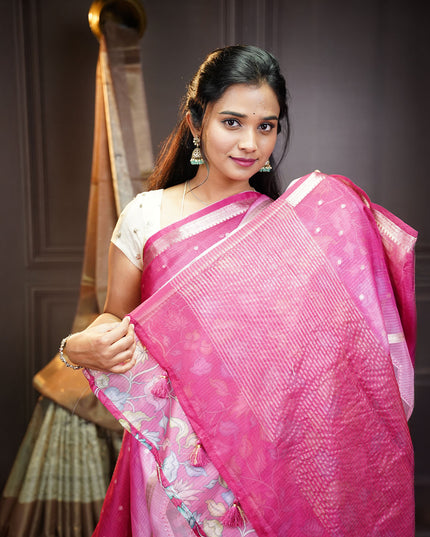 Silk Kota Saree With Golden Butties & Border - Baby Pink